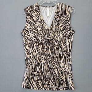 Lea Nicole Brown Geometric Striped Shirt Sleeveless Gathered V-Neck Womens S Top